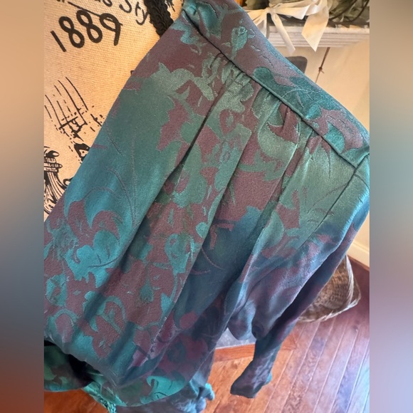 Teal Green Gray Floral Glam Dress Medium 6 8 Dolman Buttons Long Sleeve Silk - Picture 3 of 11